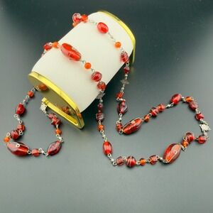 Red Glass Wire Wrapped Beaded Station Necklace Boho Silver Tone